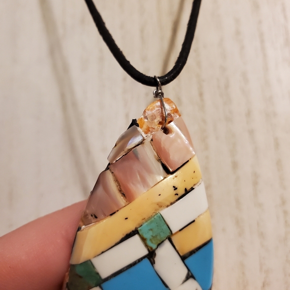 Vintage Handcrafted Spiny Oyster Mosaic Inlay w/ Turquoise & Coral Necklace